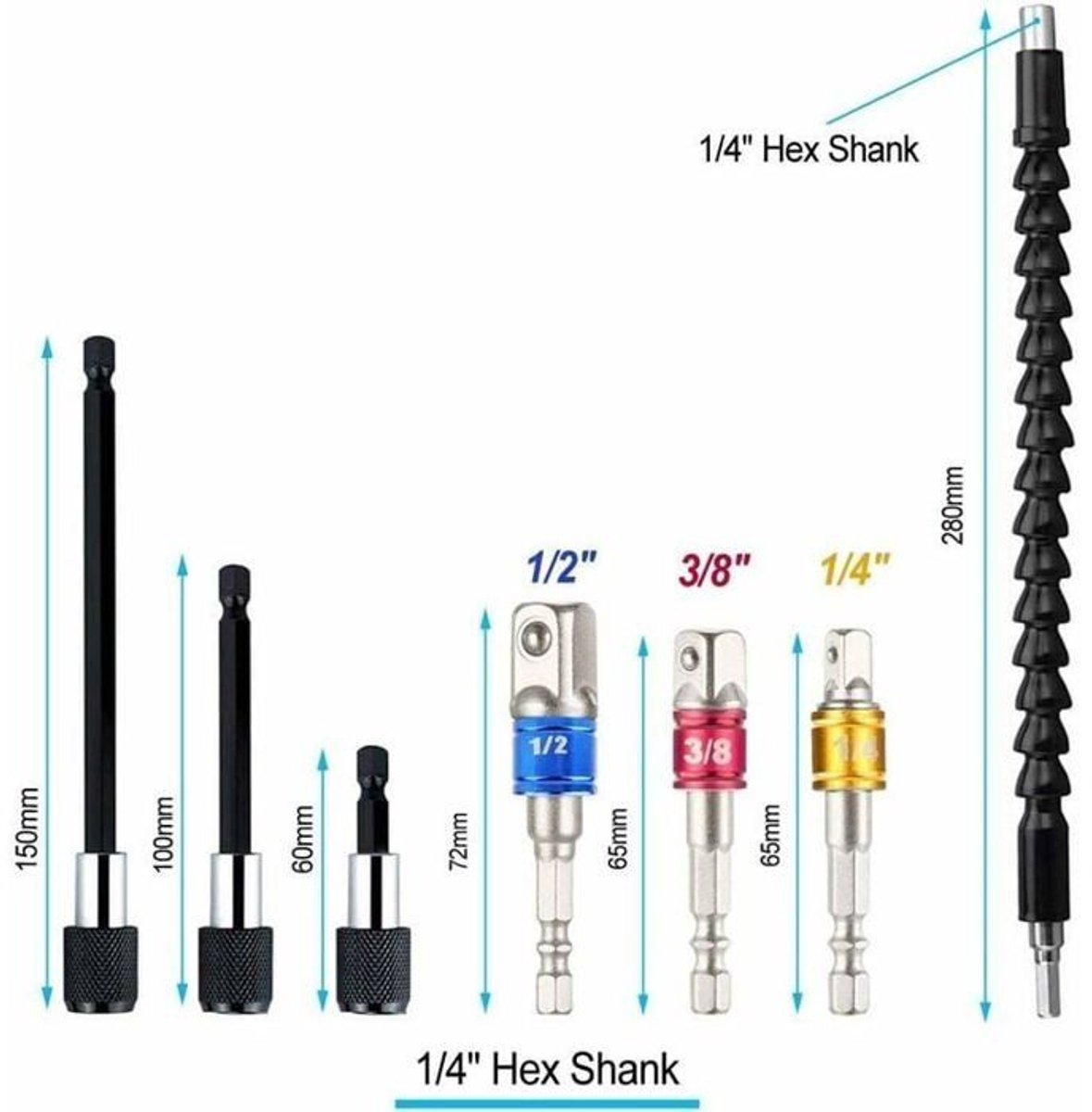 LISM-Accessoires Geschikt voor boorbits - 1 flexibele verlengstang + 1 haakse adapter + 3 schroevendraaierbits + 3 boorkoppen - 1 set