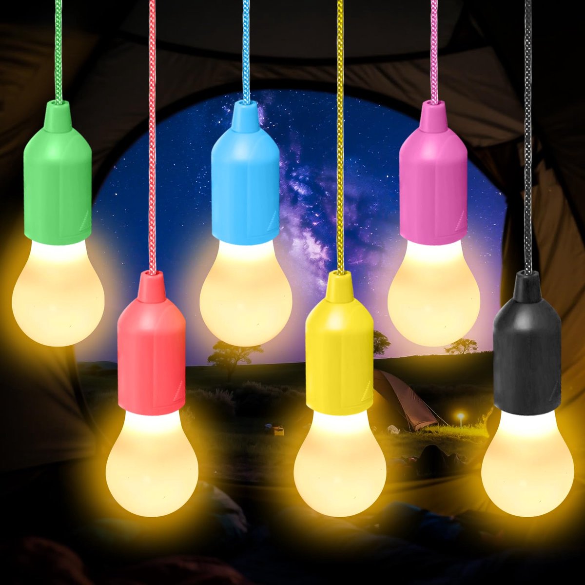 SnelShoppen - 6 Stuks LED Campinglampen - Draagbare Tentlamp met Trekschakelaar - Batterijvoeding - Warmwit Licht voor Wandelen, Vissen, Campings, Tui