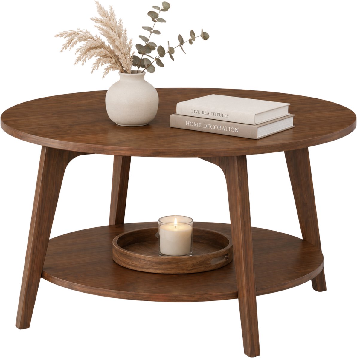 ACAZA Salontafel - Walnoot - Hoogte 45 cm - Ø 70 cm - Twee Verdiepen - Bijzettafel - Ronde Salontafel