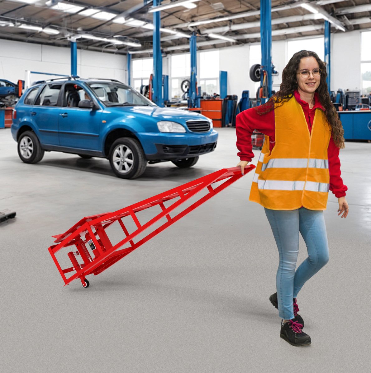 Autokrik Hydraulisch 2 Delig 5060 Kg 23 Tot 36 Cm Staal Rood Met Rollen Voor Onderhoud En Werkplaats