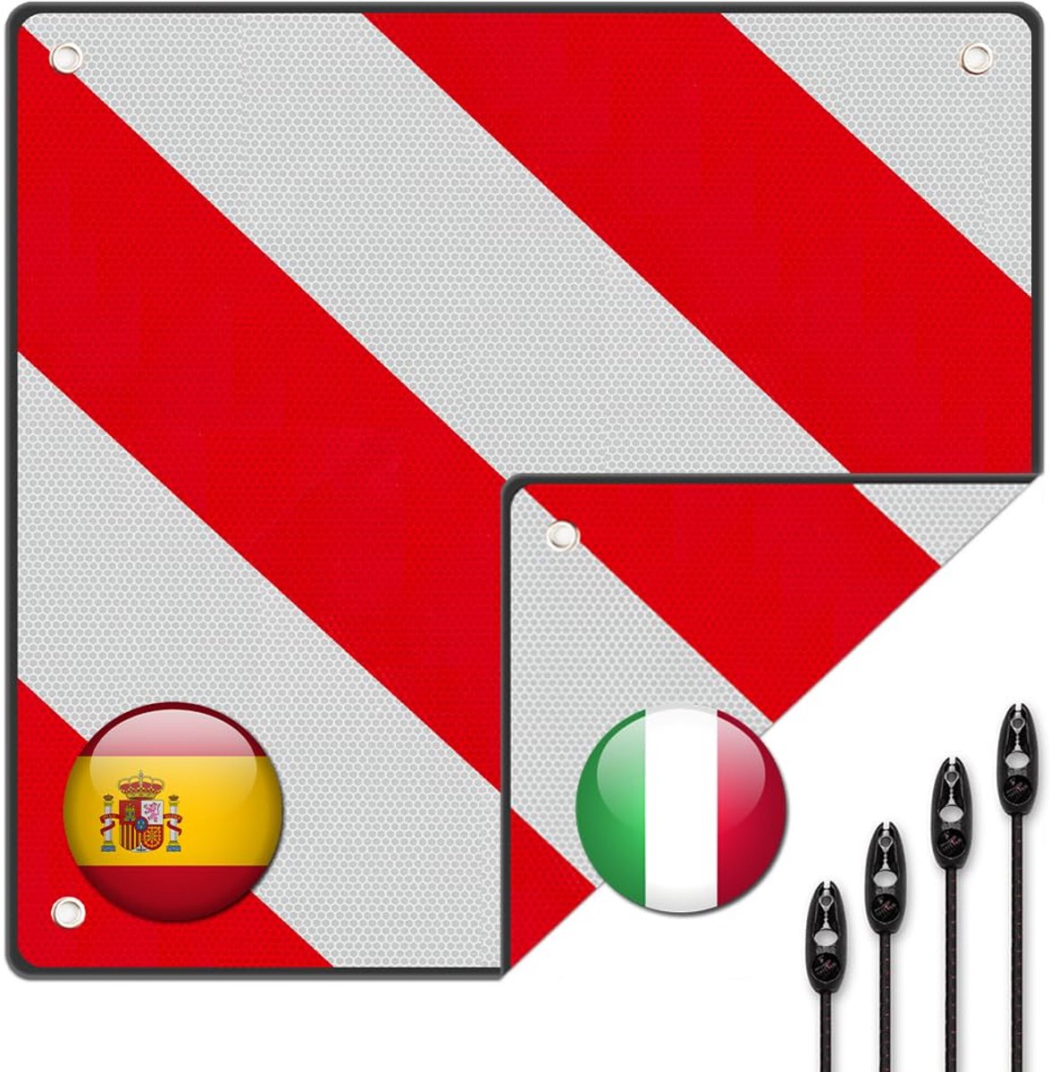 SnelShoppen - 2-in-1 Waarschuwingsbord Italië en Spanje 50 x 50 cm met 4 Spankabels - Ideaal voor Fietsendrager, Aanhanger, Caravan, Auto en Camper