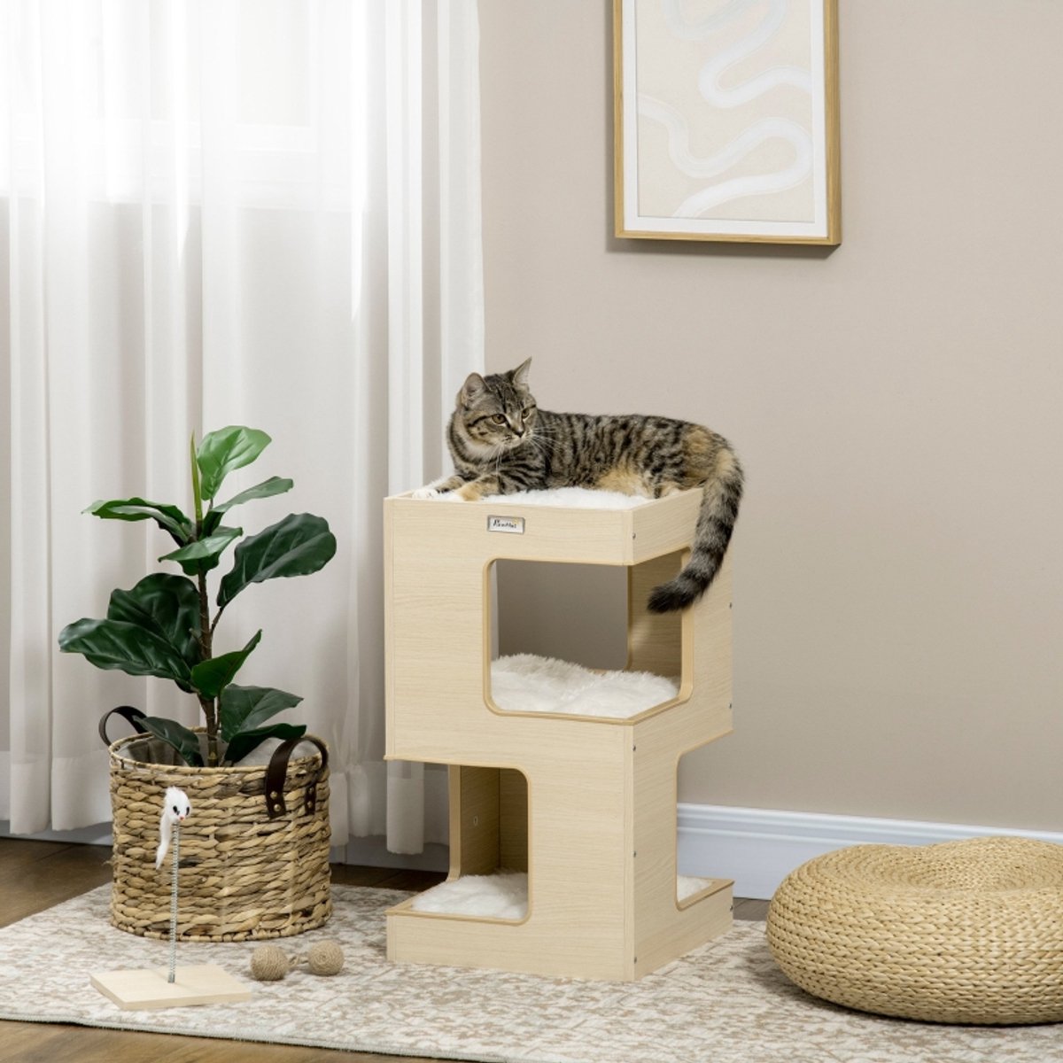 Kattenhuis - 3 lagen met speelbal - 34 x 34 x 60 cm - pluche - eik - kattenhol met meerdere ingangen