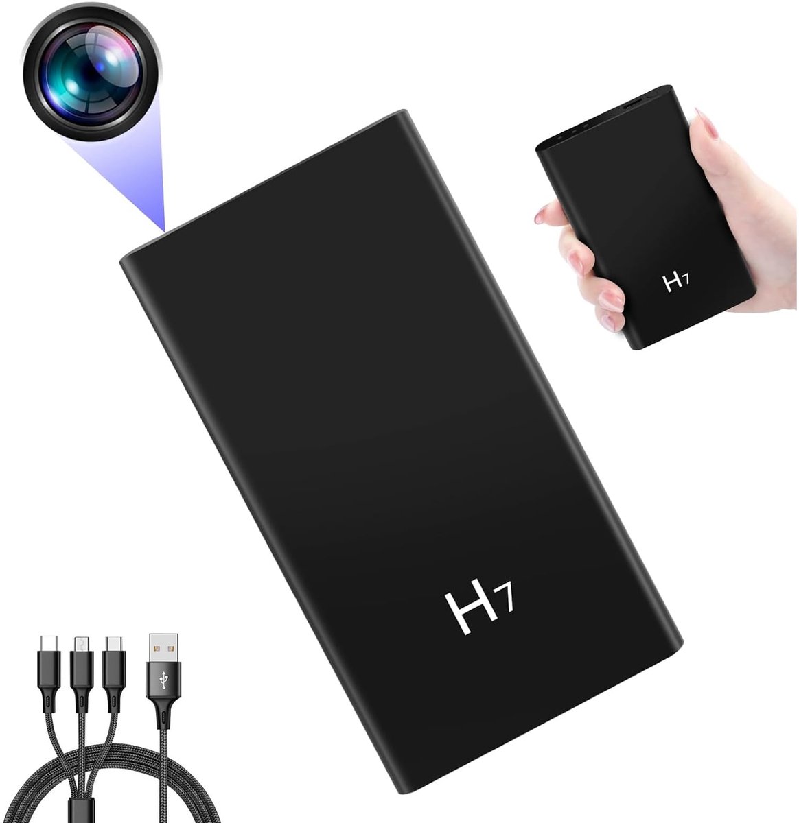 SnelShoppen - Mini Camera Powerbank 5000 mAh met HD 1080p, Bewegingsdetectie, Nachtzicht, 3-in-1 USB Kabel - Compacte Videocamera voor Thuis, Camping,