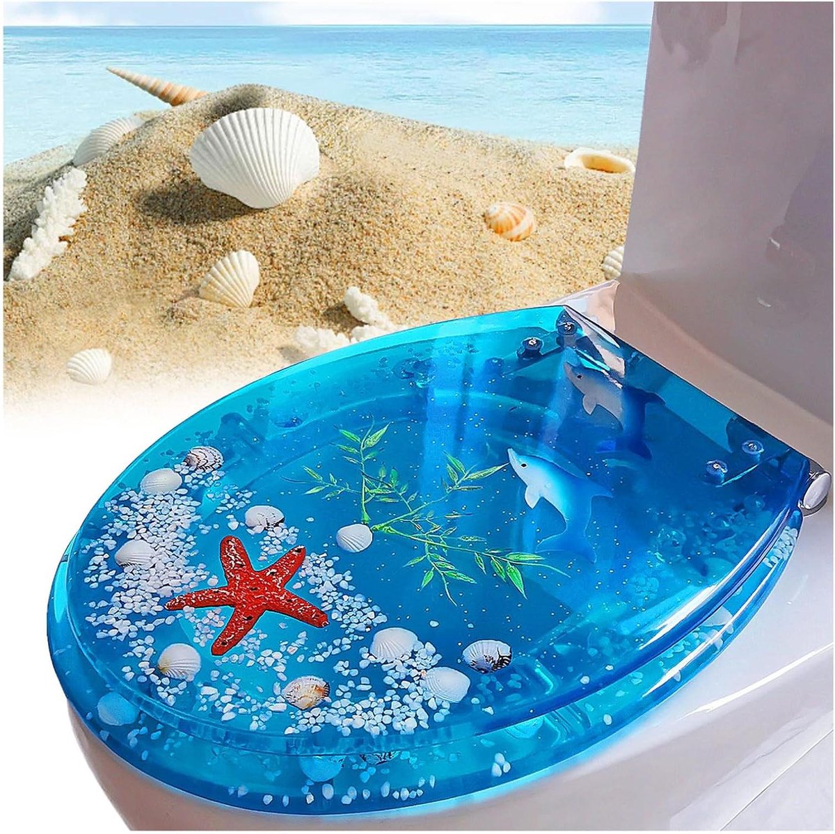 Toiletbril Deksel - Zachte Sluiting - Rustige Badkamer - Echt Schelp Zand - Universele Pasvorm - Dolfijn Blauw
