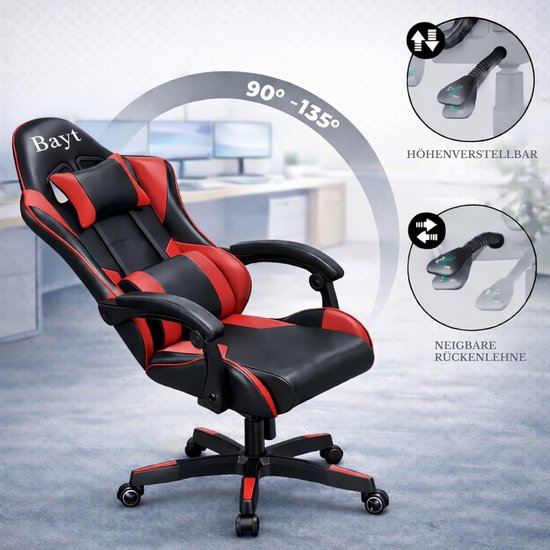 SnelShoppen - Ergonomische Gamingstoel & Bureaustoel - Verstelbare Rugleuning & Armleuningen - Premium Design voor Thuiswerken & Gamen - Rood/Zwart - van snelshoppen — afbeelding 3