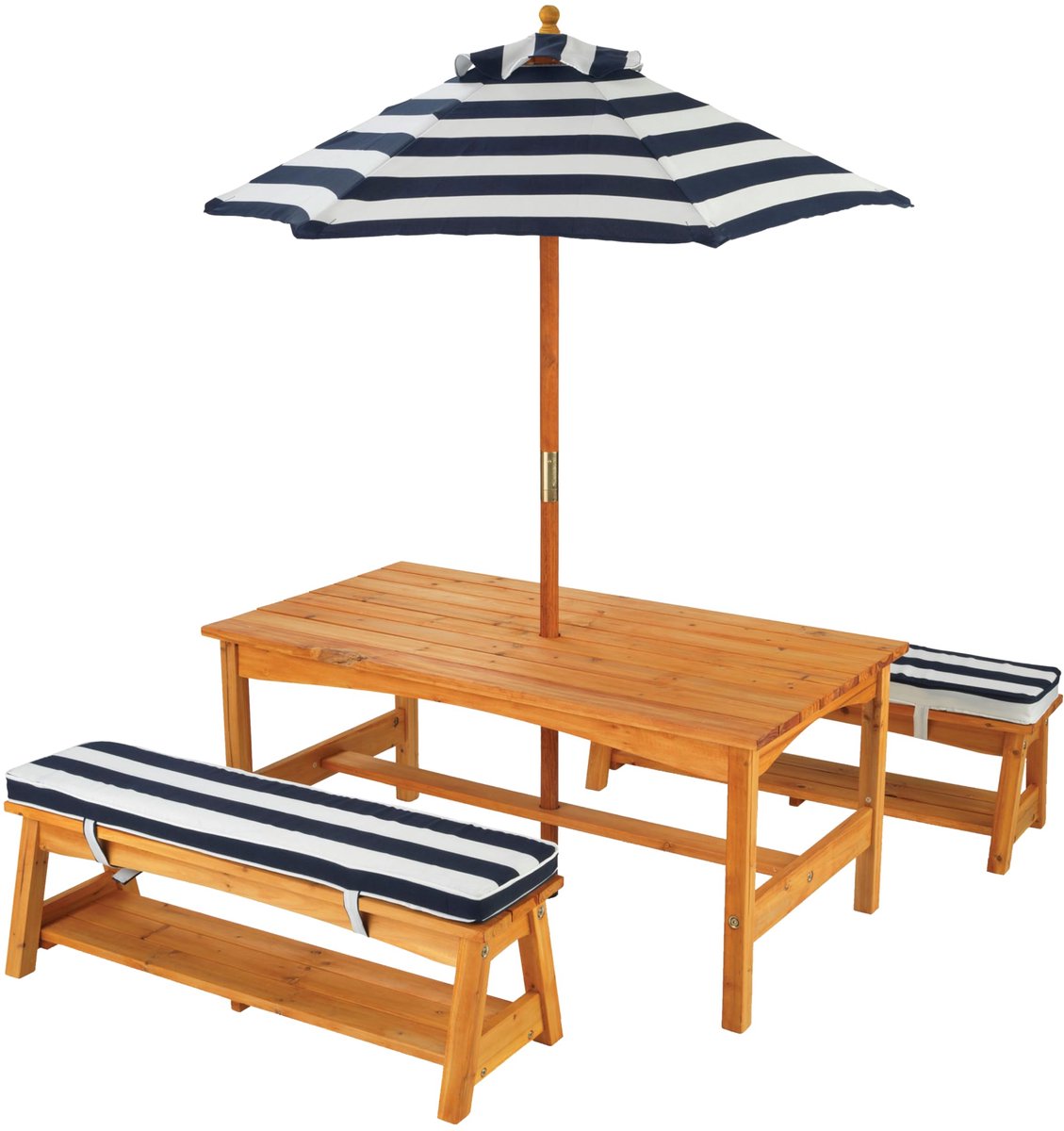 SnelShoppen - Houten Picknicktafel met Bankenset voor Kinderen - Buitenmeubilair met Kussens en Parasol - Marineblauw en Wit Gestreept - Ideaal voor T