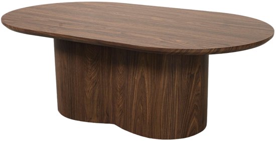 Ovale salontafel met een donker walnoothouten fineer en een unieke, brede poot met twee afgeronde vormen aan de onderkant.