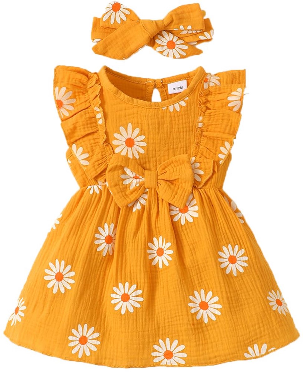 SnelShoppen - UUAISSO Jurken voor Pasgeborenen Meisjes, Zomeroutfits met Madeliefjes, Vrijetijdsjurk, Donkergeel, Hoofdband, 0-3 Maanden, Baby Kleding