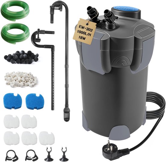 SnelShoppen - Externe aquariumfilter 1000 l/u - Krachtig en professioneel - Instelbare doorstroming met filtermateriaal en slang - Geschikt voor aquar