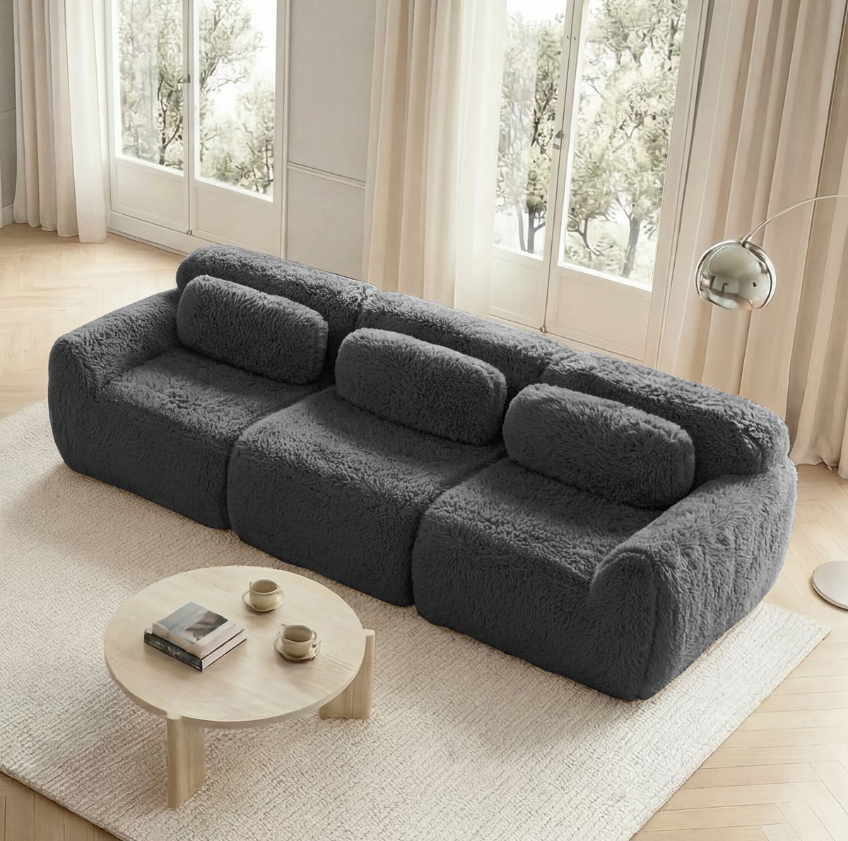 COVREO 3-zits bank 291 x 104 x 73 cm - grijs pluche, modulair, zonder montage
