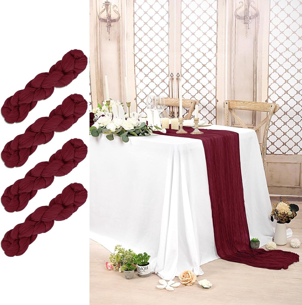 Tafelrunners Gaas - Boho Runners - Tafeldecoratie Bruiloft - Natuurlijke Plooi Structuur - 4 Stuks 3m - Bordeauxrood