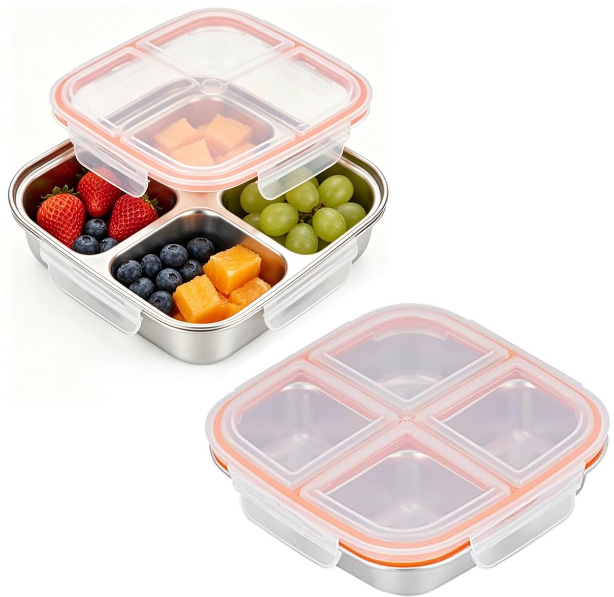 SnelShoppen - 2 Stuks Snackbox met 4 Vakken, 600 ml Roestvrij Staal, Lekvrije Bento-Box met Deksel, Herbruikbare Broodtrommel voor Kinderen en Volwass