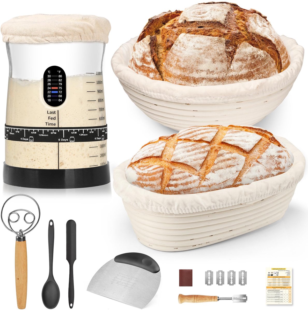 SnelShoppen - Complete Zuurdeeg Starterset - 1,5 L Zuurdeegglas met Thermometer, 2 Rotan Fermentatiemandjes (Rond en Ovaal), 17 Recepten, Broodbakset