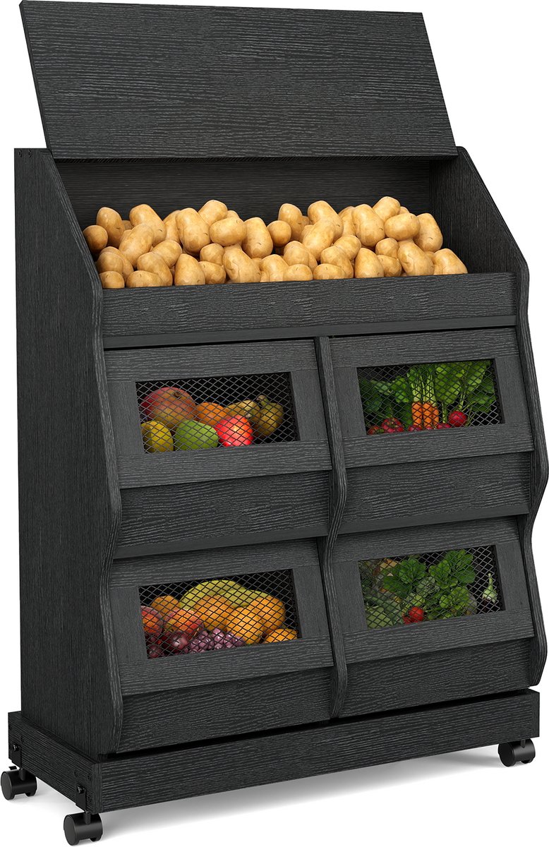 Puluomis - Aardappelen Kabinet - Verplaatsbaar met wielen - Met deksel - Keuken Opbergkasten - 72x30x96cm - Zwart