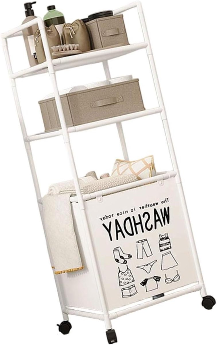 Inklapbare wasmand - Wassorteerder wielen - Ruimtebesparend opbergen - Uitbreidbare dubbele planken - 74 cm hoog - Wit