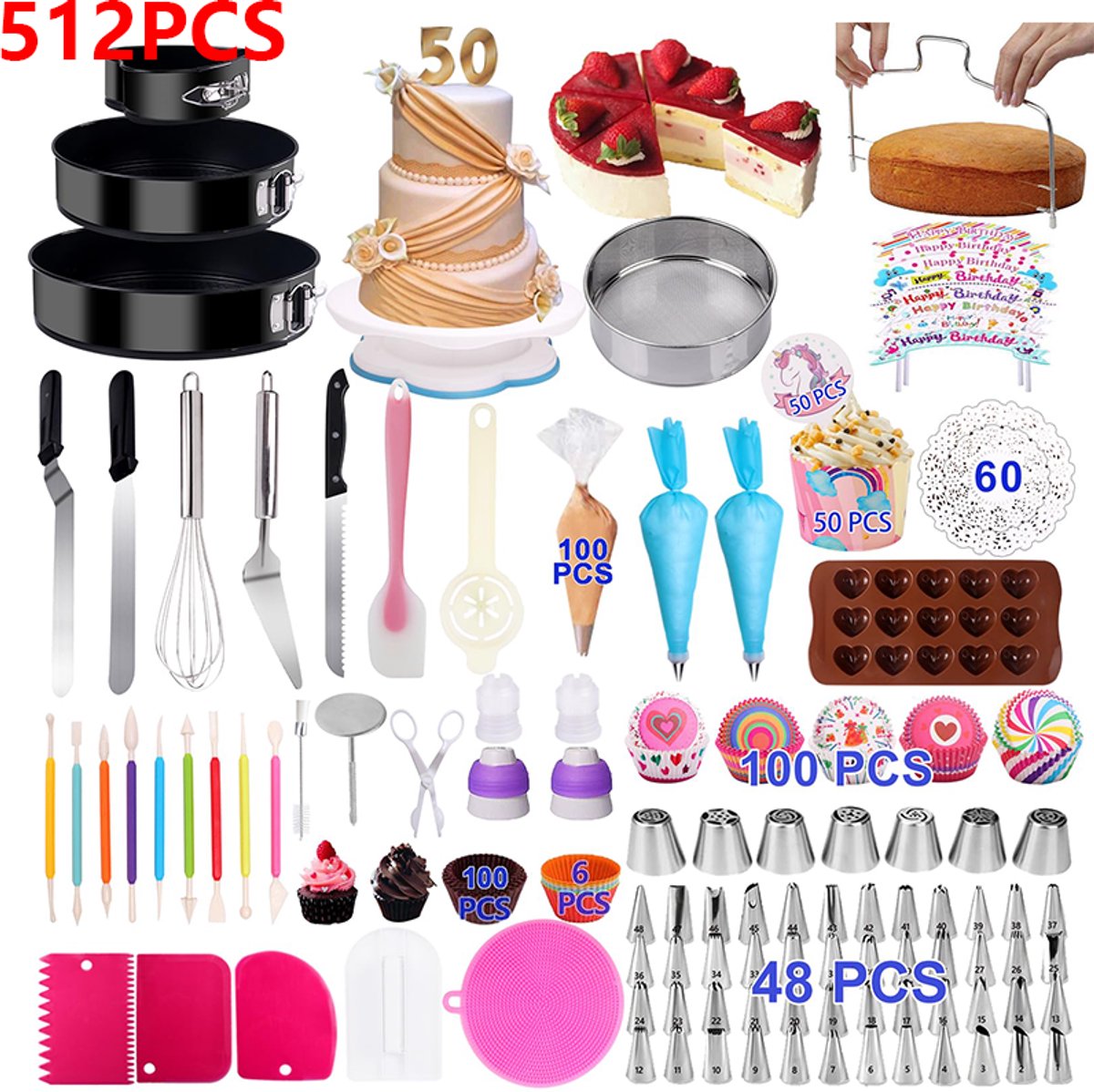 Taart Decoratie Set - 512 Delig Bakset voor Kinderen - Compleet met Draaiend Taartplateau, Spuitmondjes en Taartvorm - voor Bakken en Cupcake Decoratie