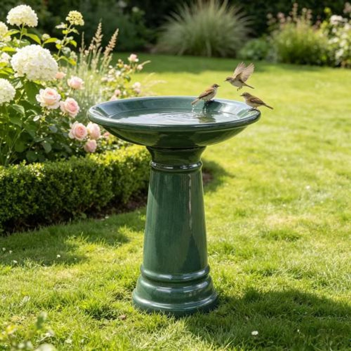 Handgemaakte Keramische Vogeldrinkbak Ø 31,5 cm – Elegant Vogelbad op Voet (Hoogte 38 cm) – Glanzend Donkergroen & Vorstbestendig voor Tuin, Terras en Balkon