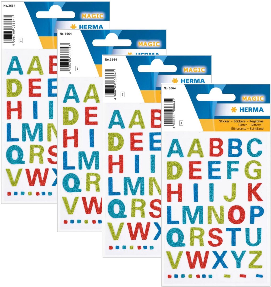 Herma Alfabet plak letters A-Z Stickers - 4x vellen - gekleurd glitter - 15 mm - watervast