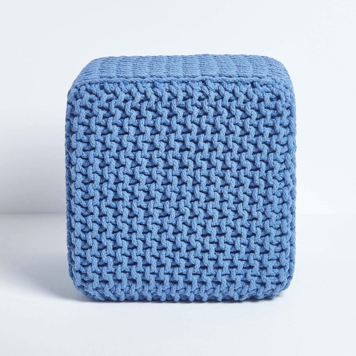 Gebreide Poef - Zitkubus Voetenbank - Ontspannen Zitten - Handgebreid Katoen - 35x35x35 cm - Blauw
