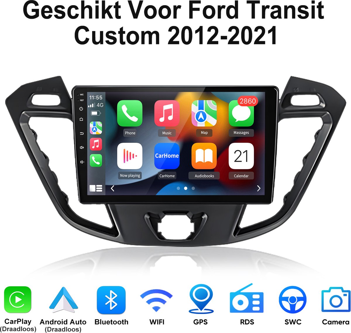 Junsun Android 15 Autoradio Geschikt Voor Ford Transit Custom 2012-2021 - Draadloze CarPlay & Andriod Auto - GPS Navigatiesystem - Bluetooth - 9 Inch TouchScreen - WiFi - Stuurwielbediening - RDS - USB