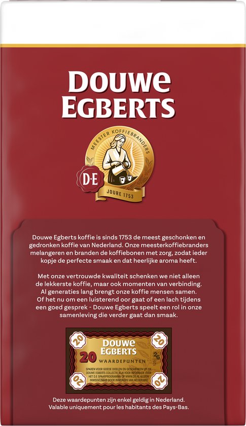Rode verpakking van Douwe Egberts met het logo, "Meester Koffiebranders", "Joore 1753" en de tekst "Douwe Egberts koffie is sinds 1753 de meest geschonken en gedronken koffie van Nederland."