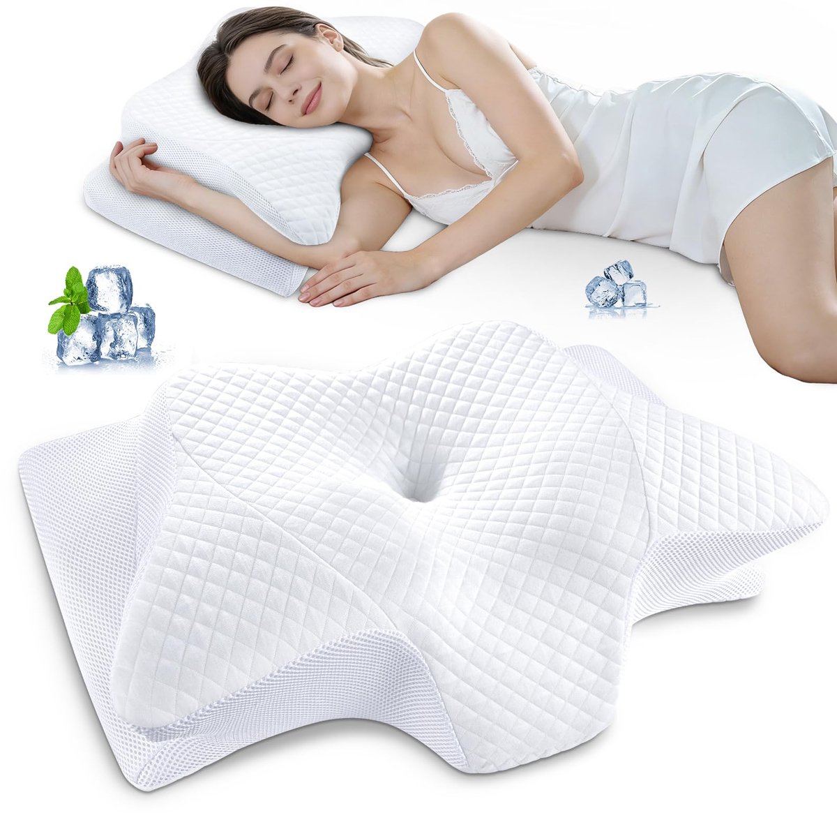 SnelShoppen - 2-in-1 Ergonomisch Nekkussen Memory Foam Cervicaal Hoofdkussen Orthopedisch Neksteun Slaapkussen voor Rug Zij Buikslapers Wit 60x35,5x13