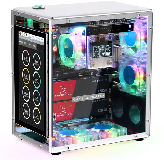 SnelShoppen - Raspberry Pi 5 Case Kit Pro met 128GB SSD, Dual M.2 NVMe Slots, 5 PWM ARGB Fans, CPU Cooler, 4.3" Touchscreen, Stereo Speakers, 3.5mm Au