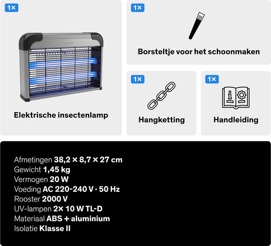 De elektrische insectenlamp, borsteltje, hangketting en handleiding. Afmetingen: 38,2x8,7x27cm. Vermogen 20W.