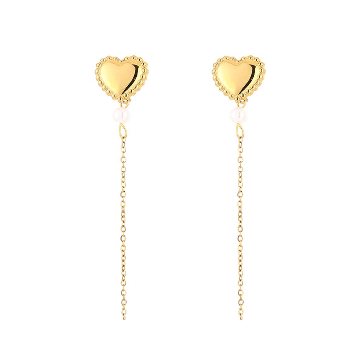 Stainless Steel Granulatie Hart & Parel Kettingsleper Oorhangers – Luxe Lineaire Oorbellen – RVS - Goud