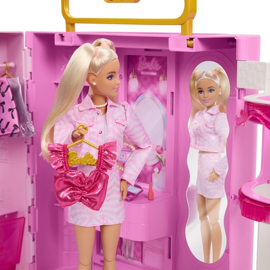 Barbie kledingkast met Spin & Style functie - Kaptafel, Poef, 4 Outfits, meer dan 20 Onderdelen en Draagbare Opbergruimte — afbeelding 4