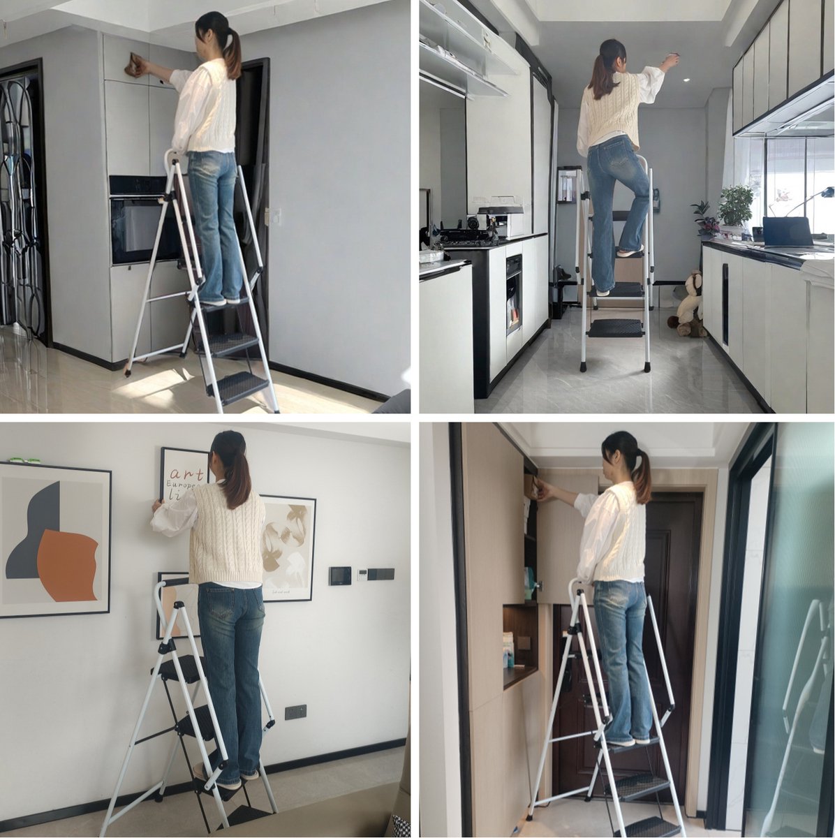FloraGrace Vouwladder Vier Treden Opvouwbaar 138 Cm Kunststof En Staal Wit Zwart Anti Slip Veiligheidshandgreep Voor Keuken En Huis