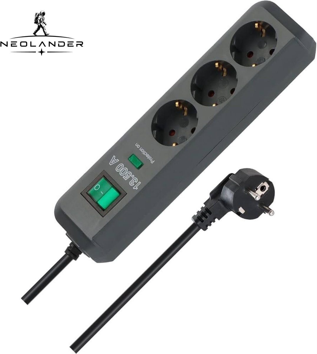 NeoLander - Eco-Line - 3-voudige Stekkerdoos - Overspanningsbeveiliging - 1,5 m Kabel met Schakelaar - Antraciet