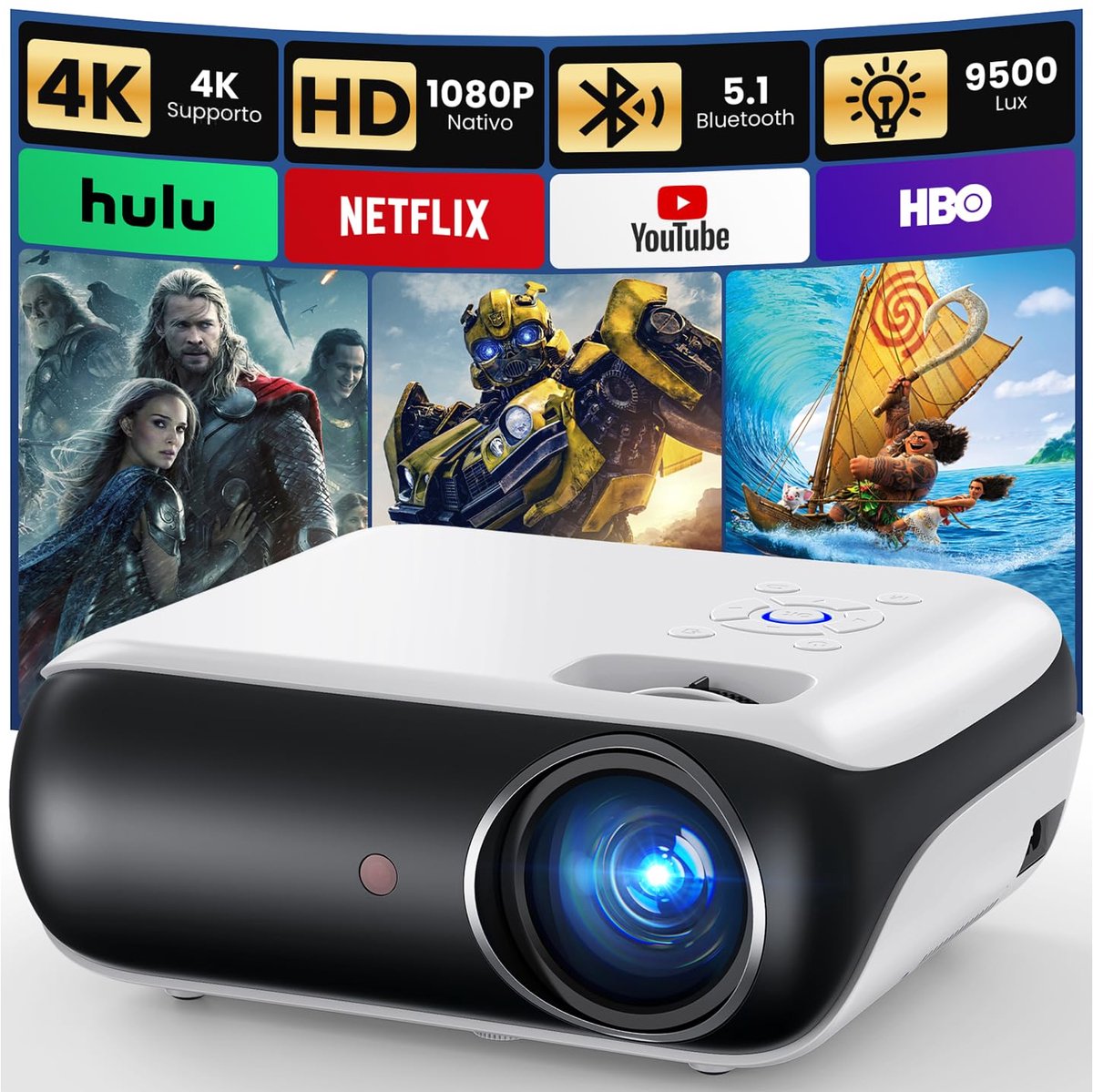 SnelShoppen - Mini 4K Projector Draagbare Projector met Native 1080P, Bluetooth 5.1, Perfect voor Buiten, Compatibel met TV-Stick, Smartphone, Laptop,