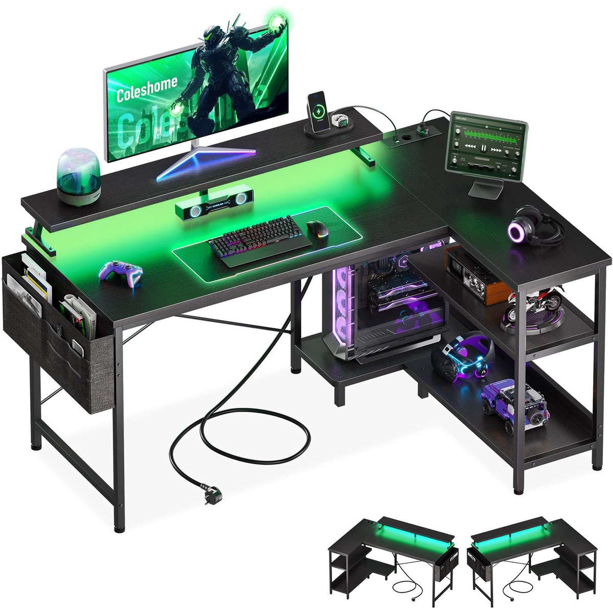 SnelShoppen - Coleshome Gamingbureau met LED, L-vormig Hörnbureau met Omkeerbare Planken, Gaming Bureau met Stopcontacten en USB, Zwart, 120x80cm voor