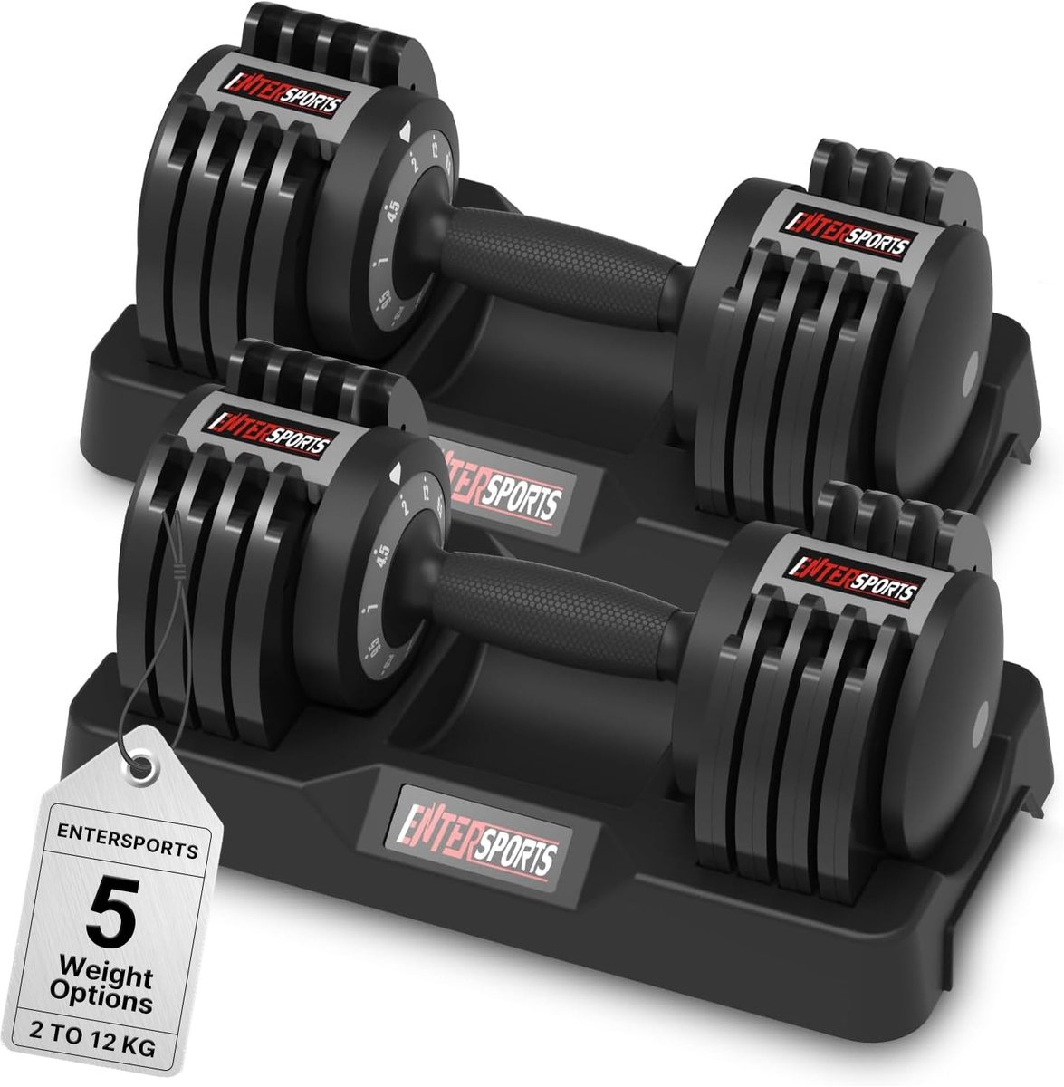 SnelShoppen - Verstelbare Halters 12 kg x 2, Ruimtebesparend Fitnessapparatuur met 5 Gewichtniveaus (2-12 kg), Antislip Handgreep en Veiligheidsvergre