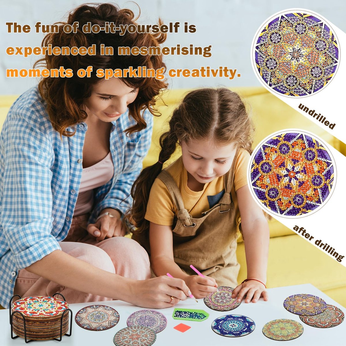 SnelShoppen - 12 Stuks Diamant Schilderen Onderzetters Set met Houder en Gereedschap, DIY Diamant Kunst Onderzetters, Glazen Onderzetters, Mandala Ond