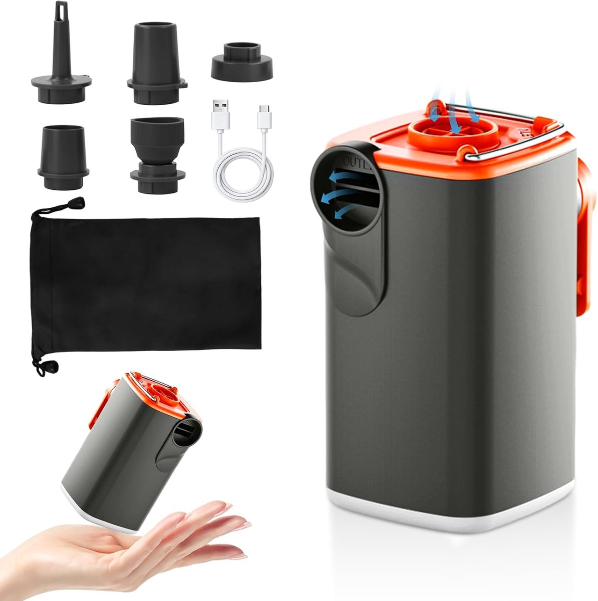 Bobypet - Compacte elektrische luchtpomp voor luchtbedden met ingebouwde campinglamp, oplaadbaar model met 5 opzetstukken, voor snel oppompen en leeg laten lopen geschikt voor kamperen, luchtbedden en rubberboten（grijs）