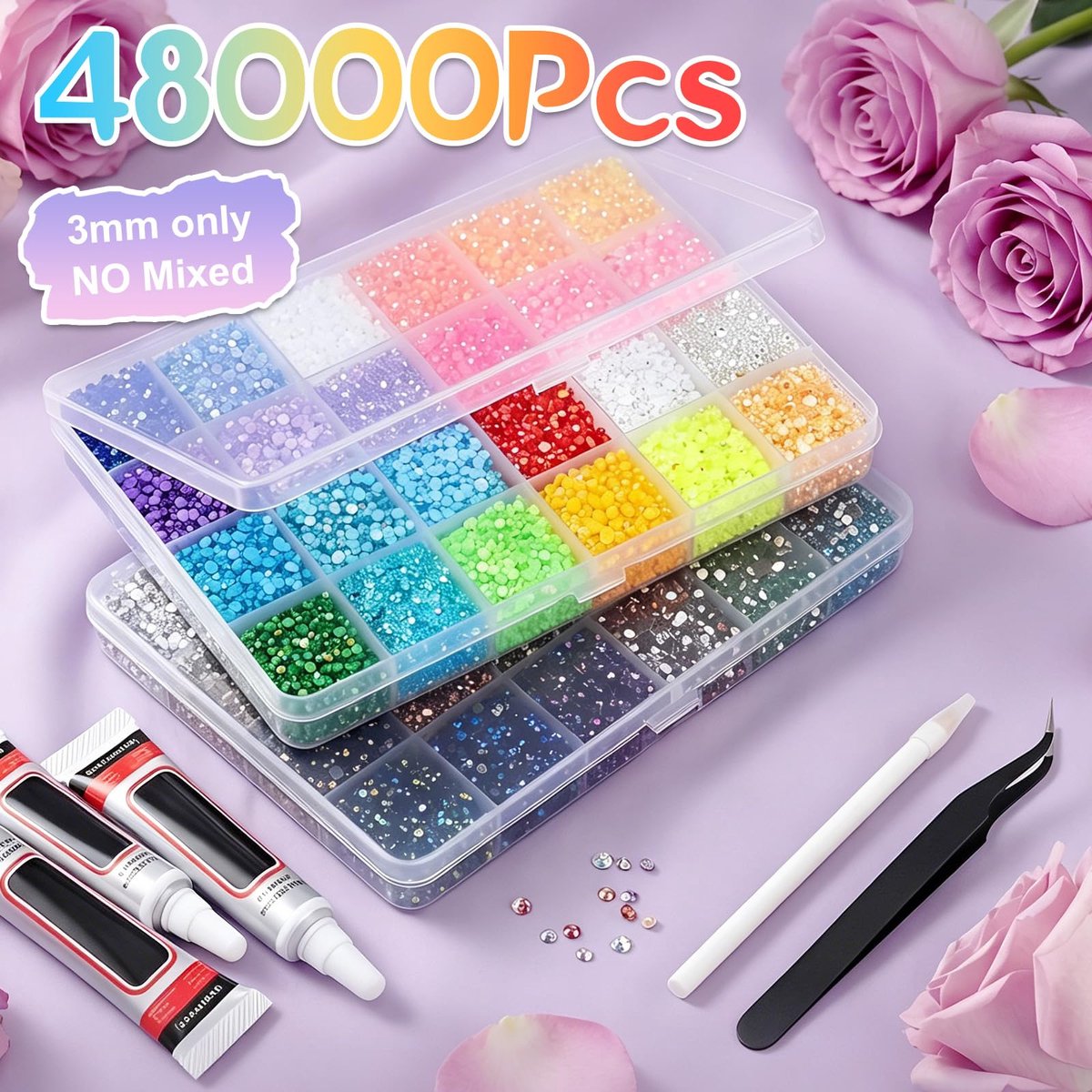 SnelShoppen - Bedazzler-Set met 48000 Strasssteentjes, 48 Kleuren Harsen Strasssteentjes, 3 Mm Glittersteentjes voor Nagelkunst en Doe-Het-Zelf-Knutse