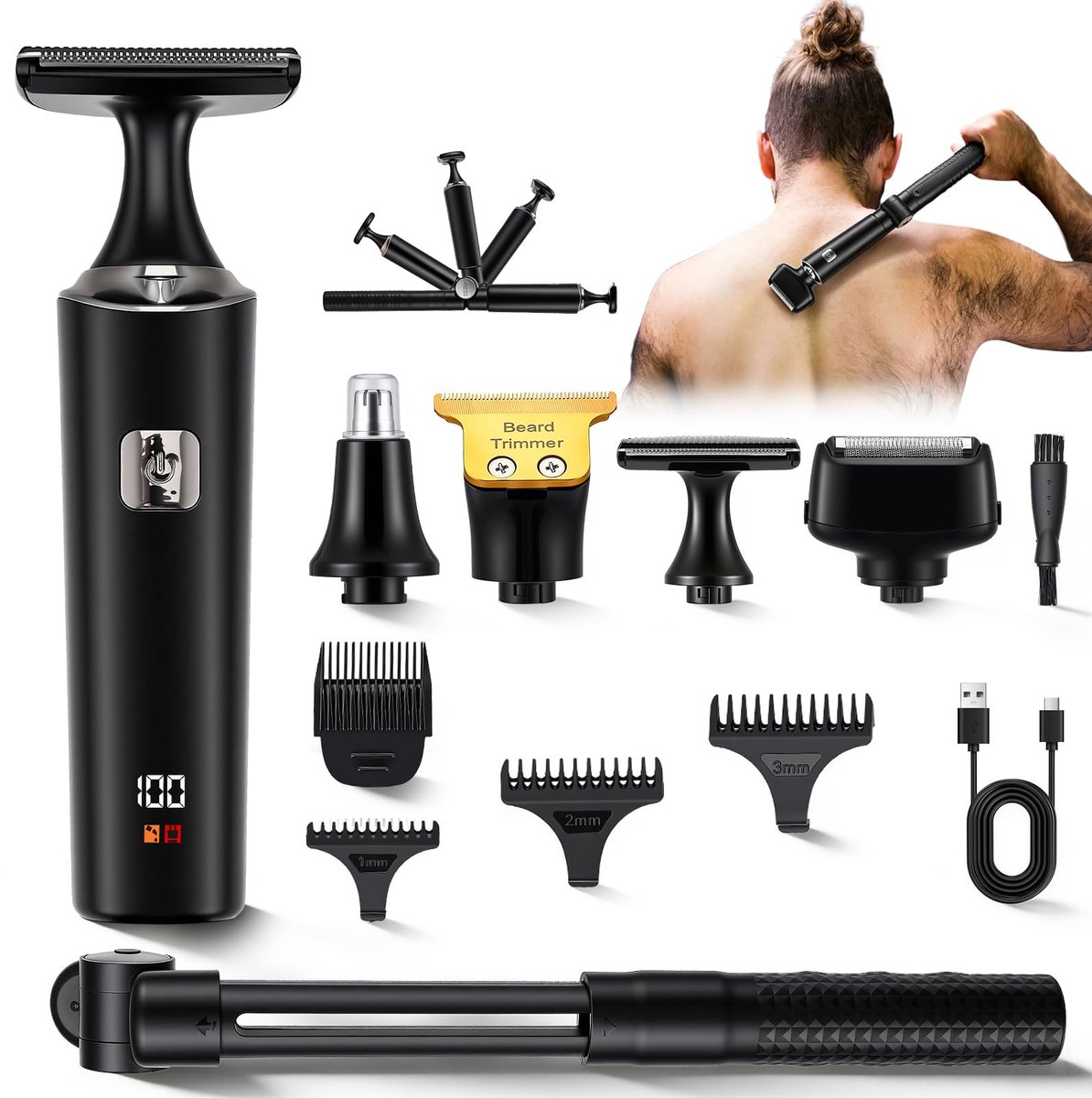 SnelShoppen - Bodygroom 5-in-1 set voor heren, elektrisch rugscheerapparaat met opvouwbare verlenggreep, waterdichte tondeuse voor gezicht, rug, arm,
