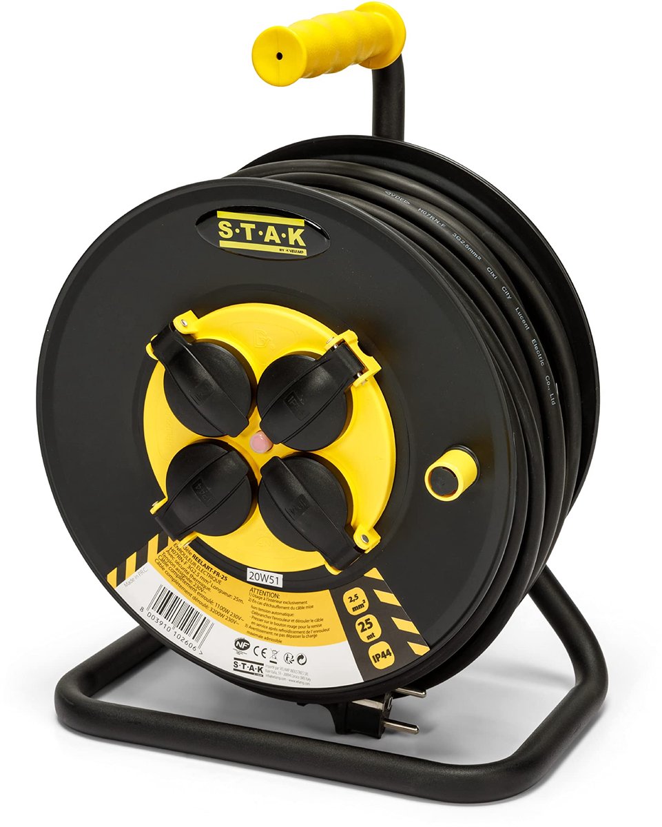 SnelShoppen - Professionele Waterbestendige Kabelhaspel 25m Rubber 3G2,5 mm2 met 4 Stopcontacten, Staal Frame, Zwart - Ideaal voor Bouwplaatsen, Tuin
