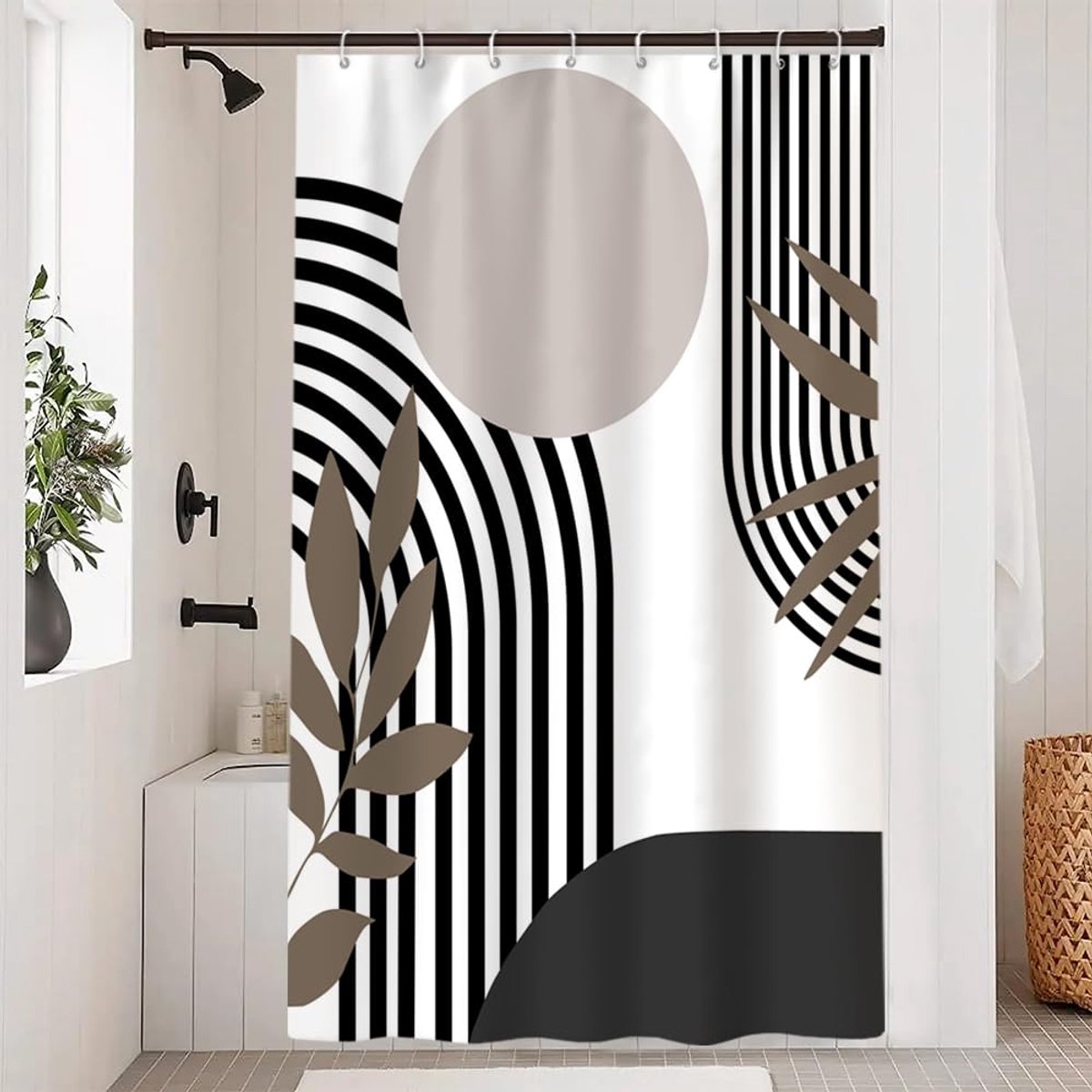 SnelShoppen - Douchegordijn Grijs 120x200cm | Waterdicht Badkamergordijn met Anti-Schimmel | Zwart-Wit Bohemien Design & Bruine Bladeren | Wasbaar Pol