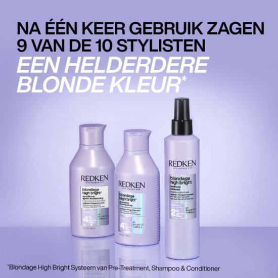 Trois flacons du système Redken Blondage High Bright : spray pré-traitement, shampooing et après-shampooing, en violet et argent.
