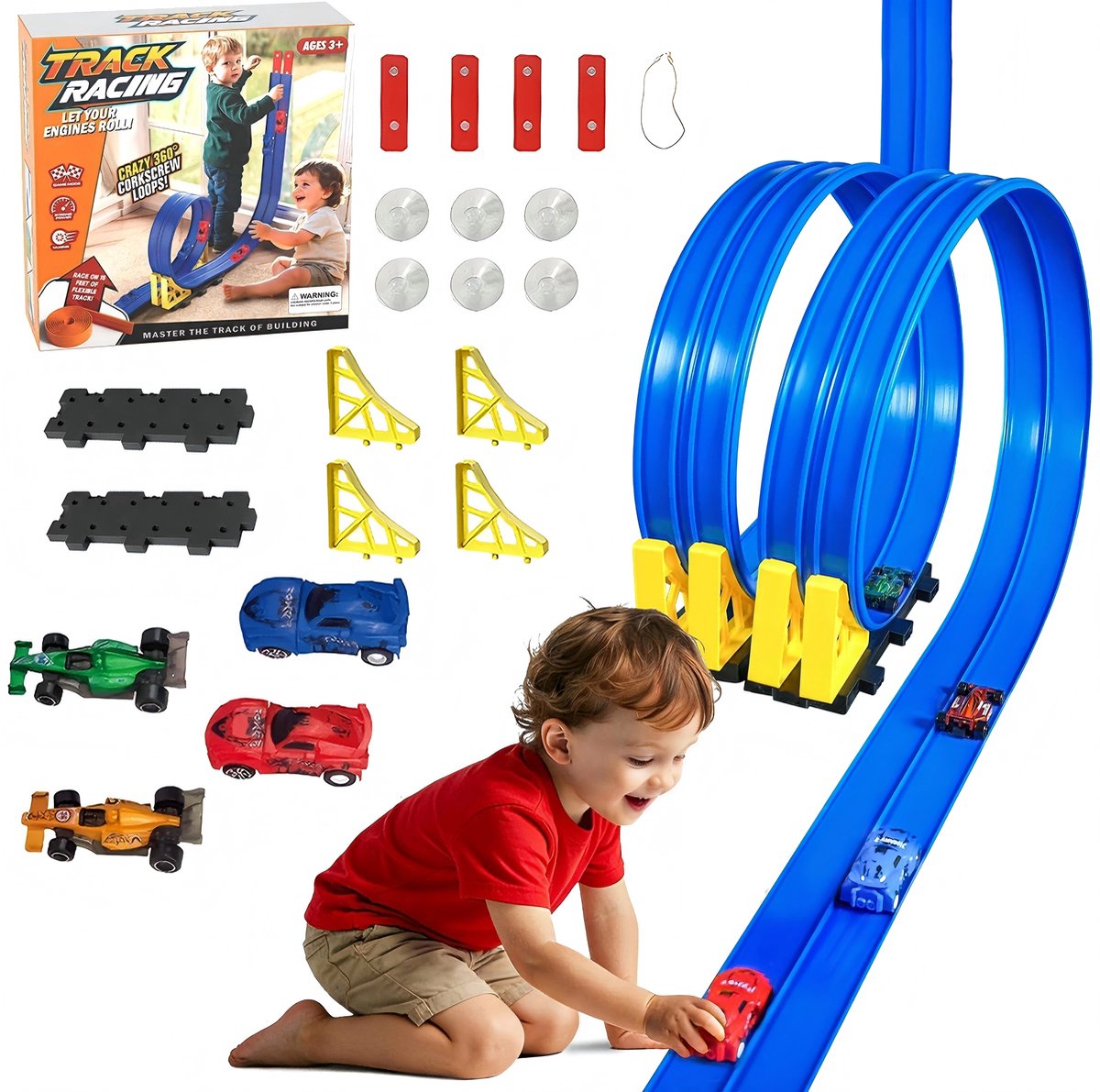 Namajunas - 4 Meter Flexibele racebaan - Met 4 Metalen Pull Back Auto's - Racebaan - Speelgoed Auto - Autobaan Speelgoed - Kinderspeelgoed - Knikkerbaan - Geschikt voor Hot Wheels en 1 : 64-diecastauto's - Met 4 Basisbeugels - Voor Jongens & Meisjes