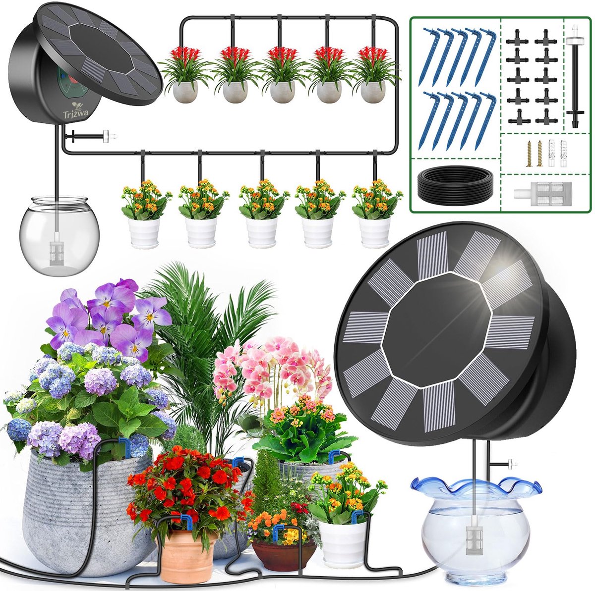 SnelShoppen - Zonne-Irrigatie Systeem Tuin Balkon Automatische Druppel Slang Irrigatie 10m met 9 Programma's voor Efficiënte Tuinverzorging