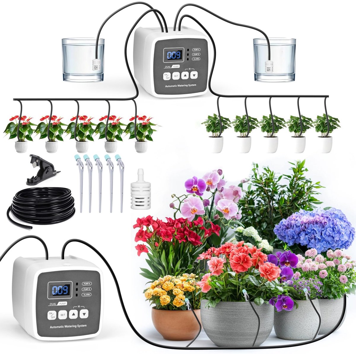 SnelShoppen - Automatisch Bewateringssysteem Binnen voor Tuinplanten - Dubbele Pomp, Onafhankelijke Controle, DIY Druppelirrigatieset - Instelbaar voo
