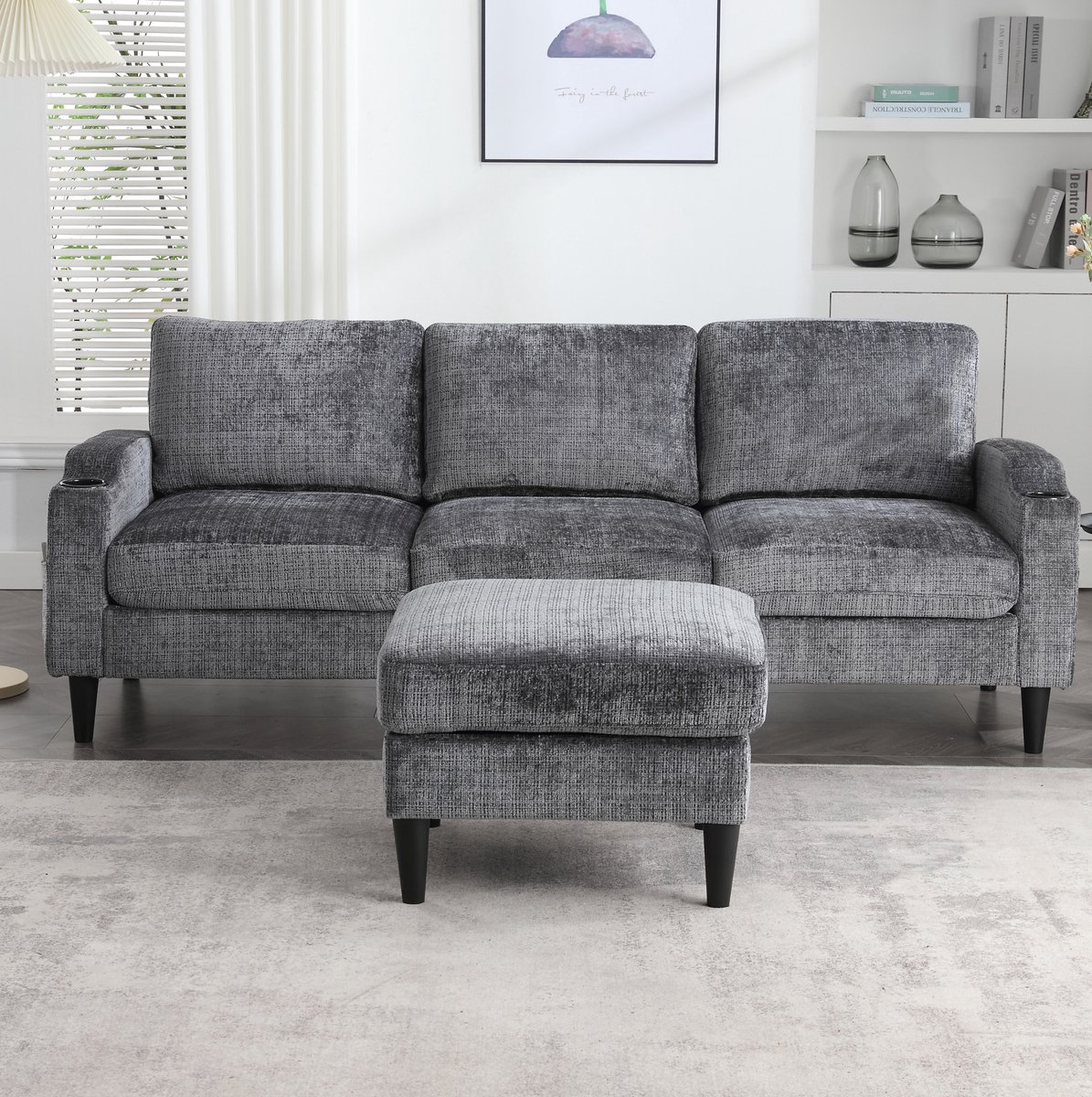 COVREO Zitbank 196,5x75x77 cm - grijs chenille, met hocker, opbergruimte en bekerhouders