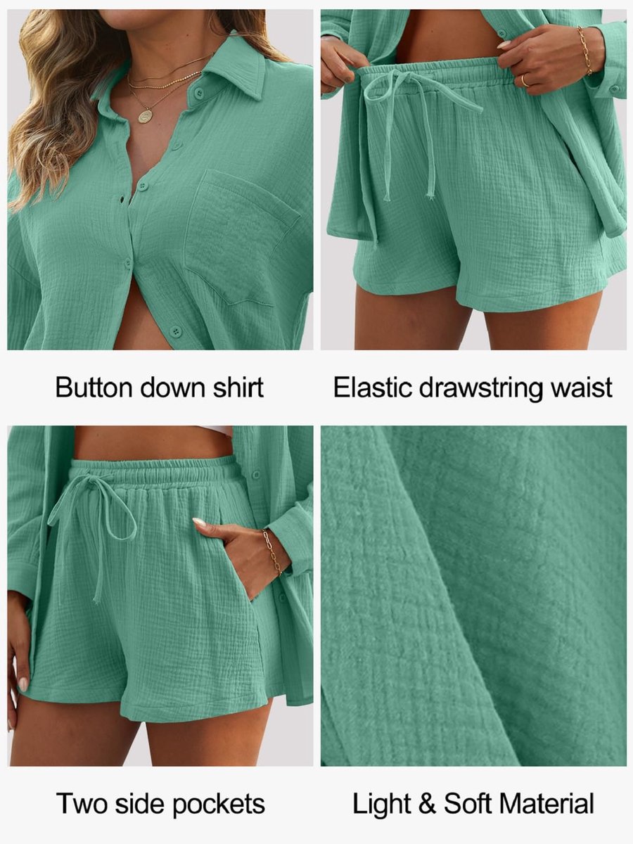 SnelShoppen - 2-delige Zomer Outfit voor Vrouwen - Katoen Linnen Overhemd en Shorts Co-ord Set - Casual Loungewear Trainingspak voor Luchthaven - Lang