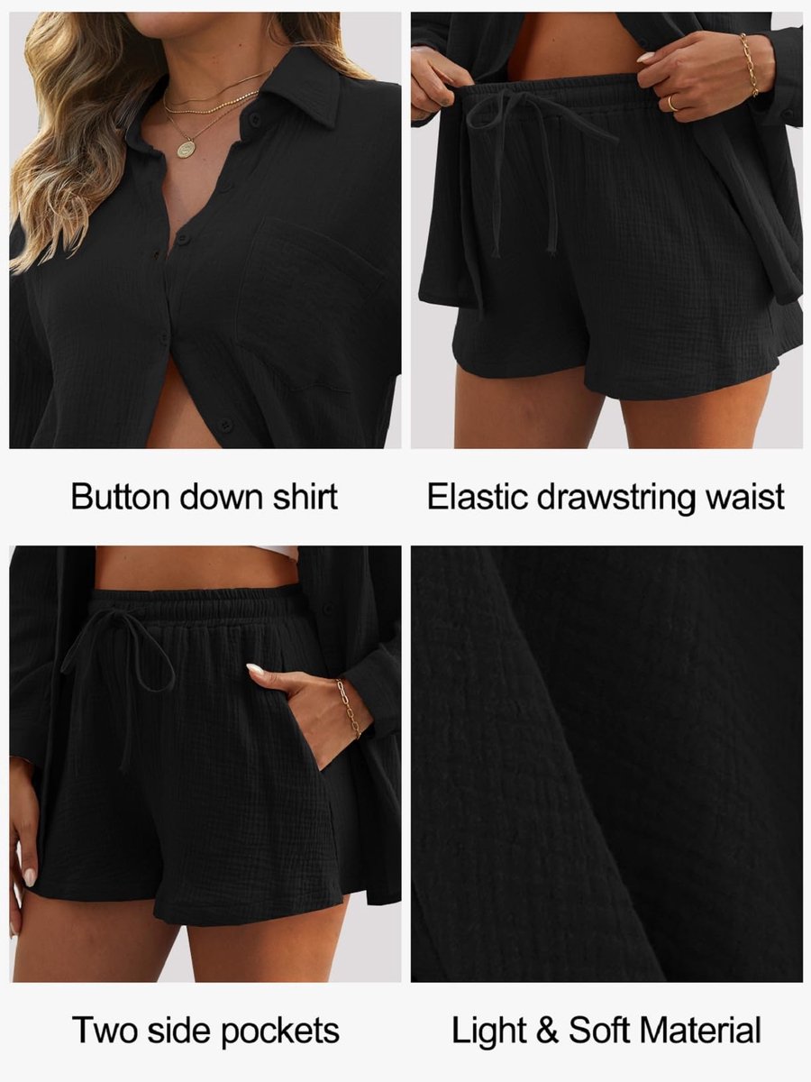 SnelShoppen - 2-delige Zomer Outfits voor Vrouwen - Katoen Linnen Overhemd en Shorts Co Ord Sets - Casual Loungewear met Lange Mouwen en Trekkoord - P