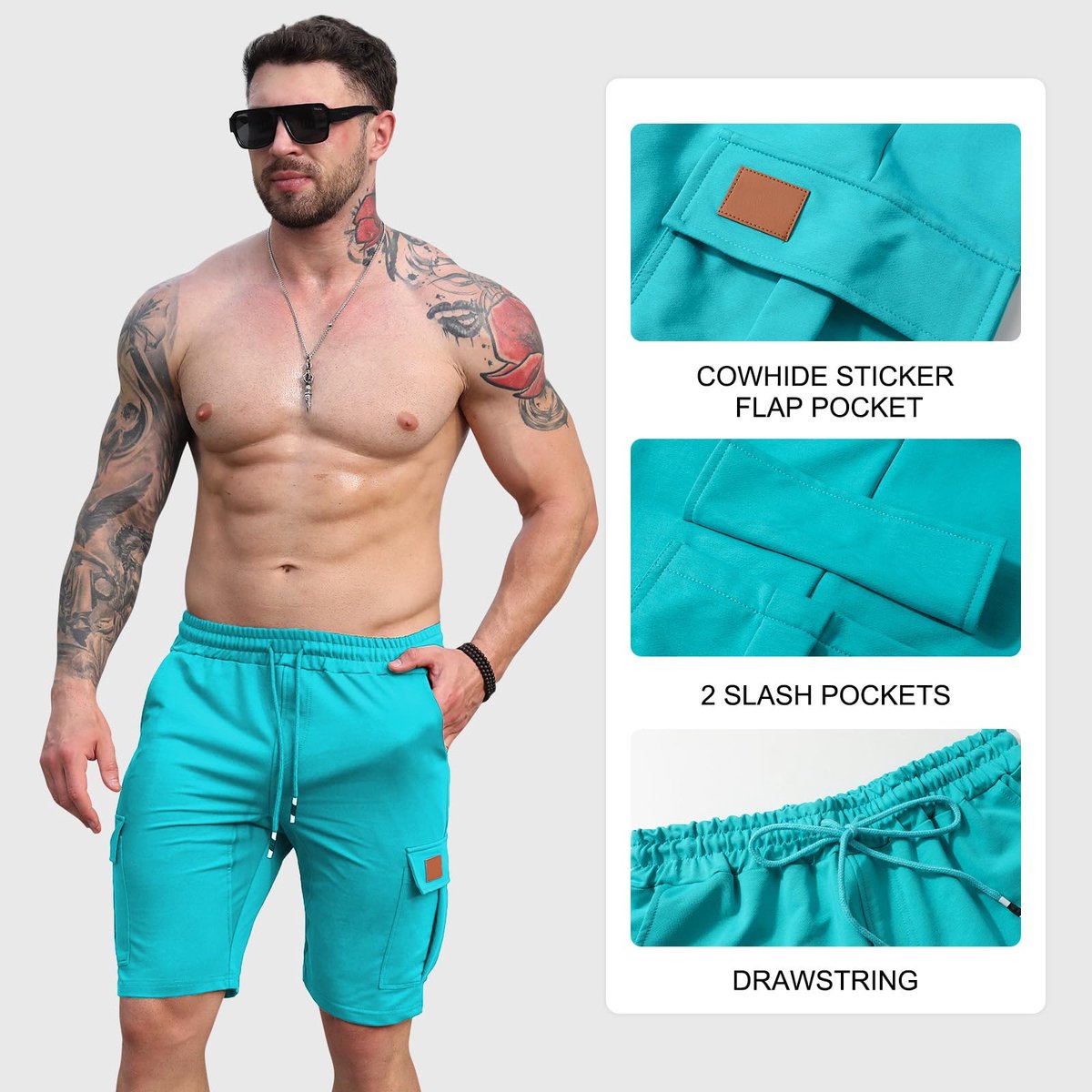 SnelShoppen - Korte herenshorts, sportieve cargo shorts, katoen, hardloopshorts voor de zomer, met meerdere zakken, Blauw-Groen, Maat XL