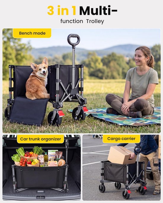 Vouwbare Handkar - Strandkar Opvouwbaar - Boodschappen Vervoeren - Extra Brede Banden - 100 kg Draaglast - Zwart — afbeelding 4